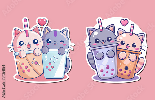 Kawaii Cat Stickers with Bubble Tea on a Light Purple Background