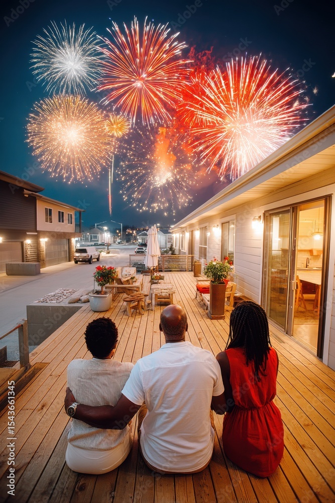 Naklejka premium Family watching fireworks from a wooden deck at night together