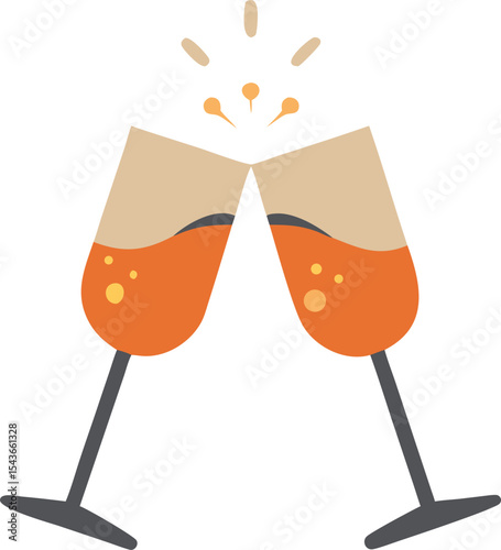 Toasting Champagne Flutes: A vibrant, minimalist illustration showcasing two champagne glasses clinking, celebrating with an orange sparkling beverage and celebratory sparks.