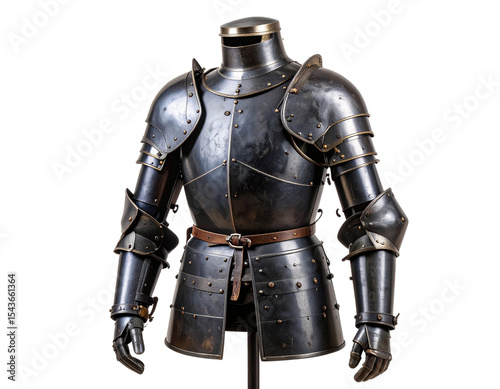 Worn Dark Armor Displayed on Stand, Museum-Style Side View, Transparent Background