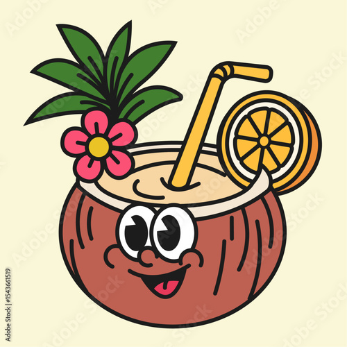 vector coconut cocktail caroon groovy style print for summer cards, T shirts, posters