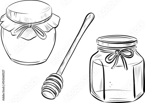 Hand drawn honey jars and dipper sketch vector