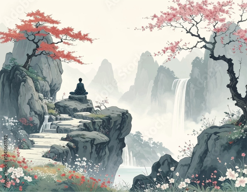 Peaceful waterfall landscape with a person meditating. Tranquil mountain scene with a serene waterfall and flowers. A zen monk enjoying the quiet beauty of nature's waterfall.