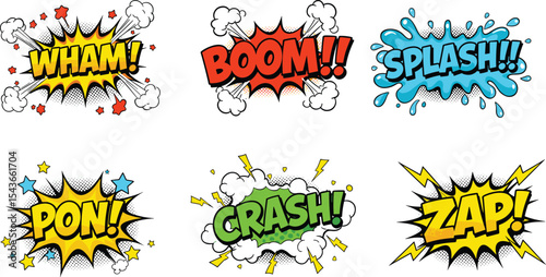 Colorful comic sound effects collection, pop art style, explosion words like boom wham zap splash, cartoon expression design, retro comic action illustration