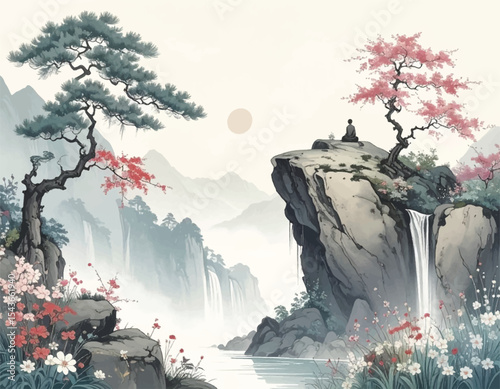 Serene meditation by a waterfall in a peaceful landscape. Relaxing zen scene with mountains, waterfalls, and flowers.Calming nature view with a meditative monk in the mountains