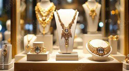Exquisite jewelry display showcasing luxury gold necklaces rings and earrings