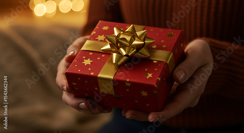 person holding a red gift box with a golden bow, elegant holiday setting, soft lighting, Christmas or celebration theme, photorealistic, cinematic, 8k, high detail

