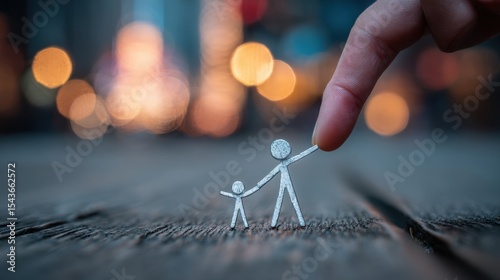 Fototapeta Naklejka Na Ścianę i Meble -  The small stick figure’s hand in an adult’s showcases trust and security, highlighting child safety in public settings.
