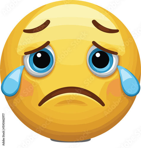Crying emoji cartoon, sad face with tears, emotional emoji icon, depressed yellow emoticon illustration, expressive digital mood icon, sorrowful emoji design artwork