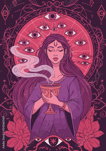 Mystic woman holding chalice surrounded by spiritual symbols and eyes  