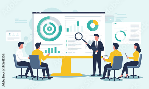  Business Data Analysis and Performance Monitoring: Professional Team Reviewing Charts and Graphs on a Large Screen, Perfect for Financial and Marketing Insights.flat vector illustration