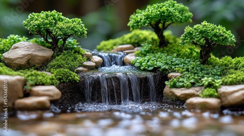 Miniature waterfall landscape with bonsai trees