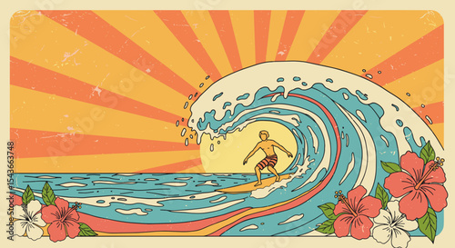 Psychedelic  Surfer riding a wave during sunset with flowers in background  event promotions, and surf culture celebrations