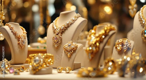 Exquisite display of luxury jewelry featuring diamonds and gold necklaces and accessories