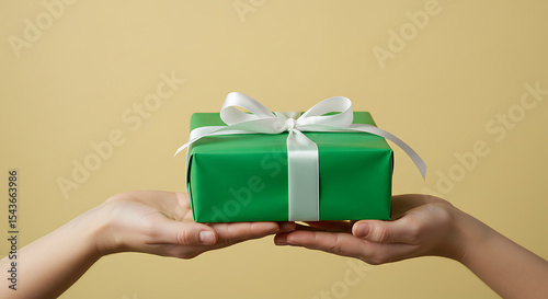 Hands holding a green gift box with a white ribbon, cinematic lighting, minimalist, warm tones, soft focus, detailed, photographic
