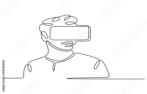 One continuous line drawing man in glasses device virtual reality. Young male uses VR glasses to playing game. Wearing Virtual Reality glasses concept isolated on white background.