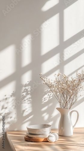 Dried Flowers in Pitcher with Dishes and Eggs, Sunlight Shadow Displayed on Wall