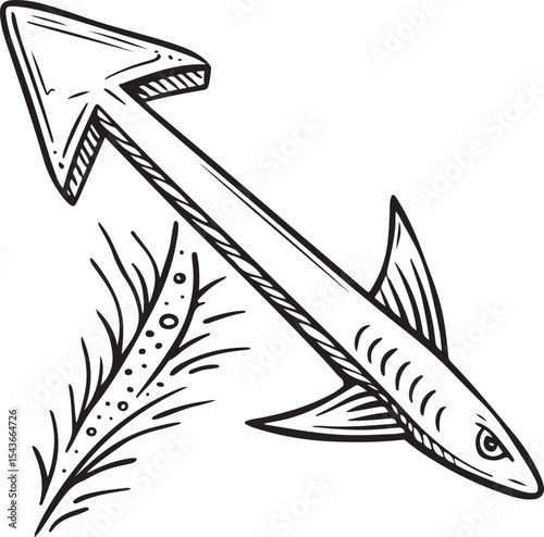 Vintage vector hand-drawn illustration of a feather quill pen with an axe, creating a seamless pattern design