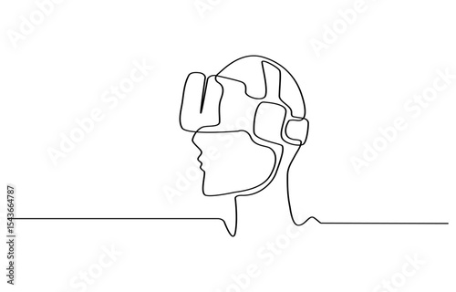 One continuous line drawing man in glasses device virtual reality. Young male uses VR glasses to playing game. Wearing Virtual Reality glasses concept isolated on white background.