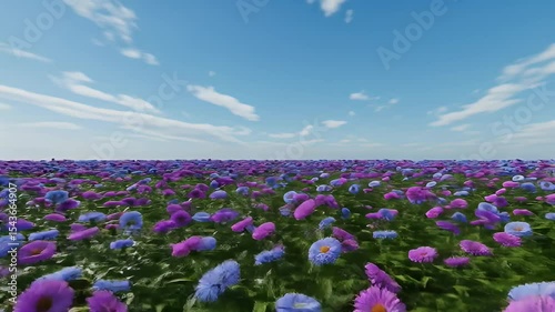 Vast Field of Purple And Blue Flowers Under A Bright Blue Sky With White Fluffy Clouds