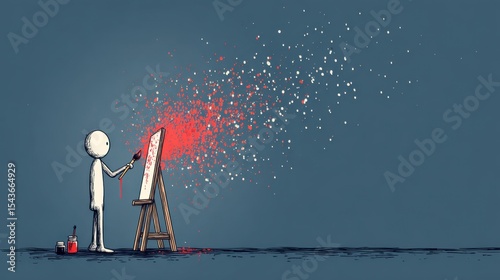 Immersed in painting, a stick figure uses brush and canvas to soothe the mind, unlocking creativity as a path to stress relief.
