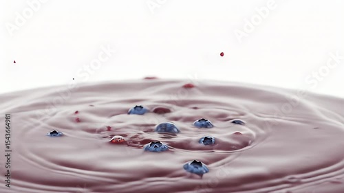 Vibrant Blue Berries Falling Into Liquid Surface Creating Dynamic Splash Against White Background