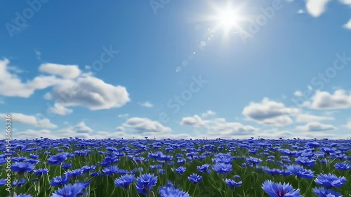 Vibrant Blue Cornflower Field Under a Bright Sunny Sky with Fluffy White Clouds in Summertime
