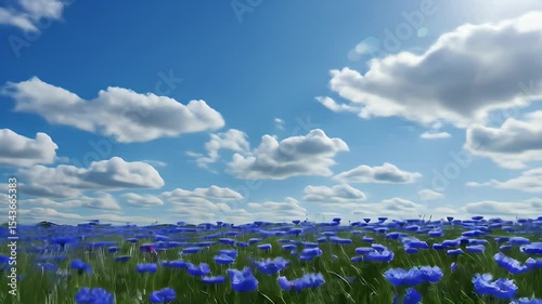 Vibrant Blue Cornflower Field Under Bright Sunlight and White Clouds in Clear Blue Sky