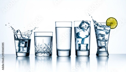 A row of five glasses filled with water and ice, in varying amounts, against a white backdrop, showcasing a range from simple hydration to a refreshing beverage with a lime