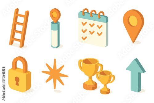 Progress tracking icons set – 3d, project advancement and milestone symbols