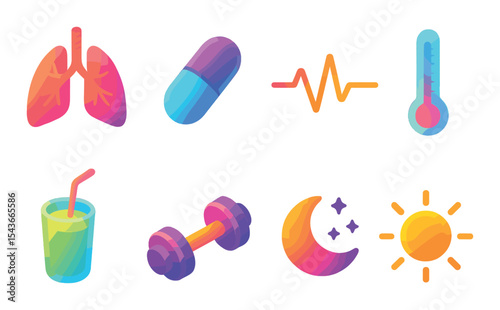 Radiant health icons set – silhouette style, wellness and fitness symbols