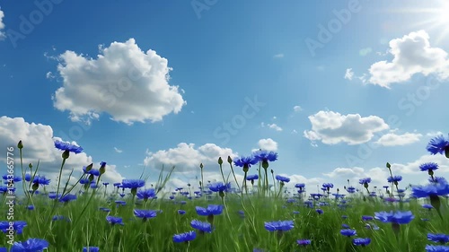Vibrant Blue Cornflowers Blooming in a Green Field Under a Bright Sunny Sky with White Fluffy Clouds