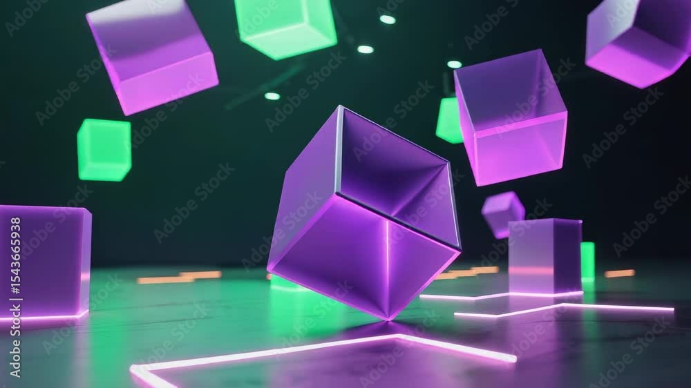 Tilting clear purple cube lifting off grid floor under lights in virtual chamber, with green cubes
