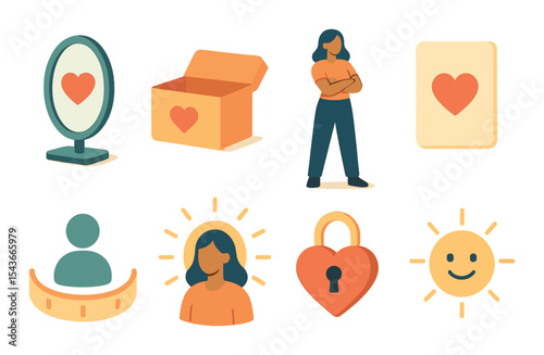Self love icons set – silhouette, wellness and mindfulness themed symbols