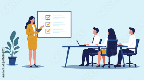  Business Training and Development Session: Professional Woman Leading a Corporate Presentation to Colleagues in an Office Meeting, Ideal for Education Concepts.flat vector illustration