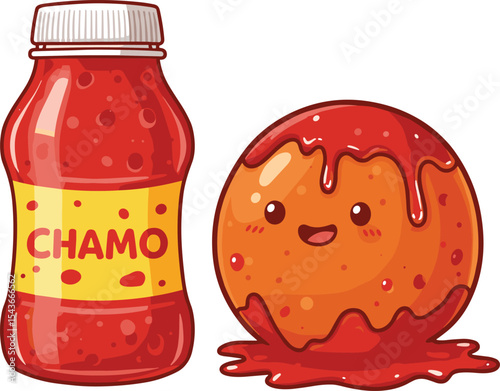 Cute chamoy candy illustration, kawaii spicy treat, cartoon chamoy bottle, Mexican sweet snack, funny chamoy character, dripping sauce design, vector food mascot, adorable drawing
