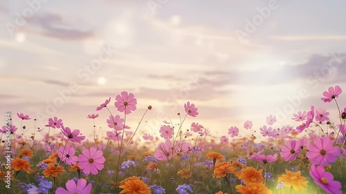 Vibrant Field Of Blooming Cosmos And Marigold Flowers Under Soft Sunset Sky