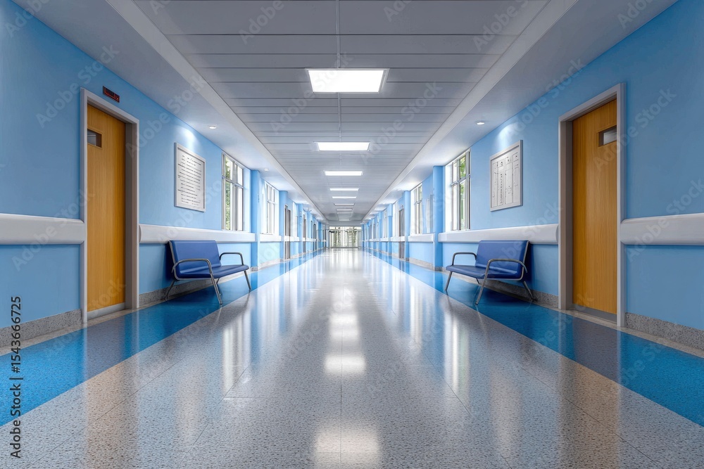 Obraz premium Long hospital hallway with blue walls chairs doors and windows