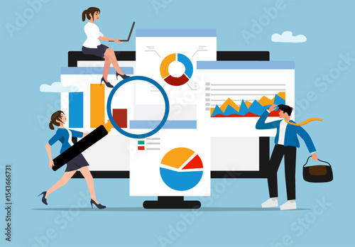 Business Team Analyzing Big Data with Charts and Graphs on Computer Screens, Digital Marketing Strategy, Data Visualization, and Teamwork Illustration