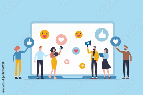 Social Media Marketing Team Promoting Engagement and Positive Feedback Online Platform