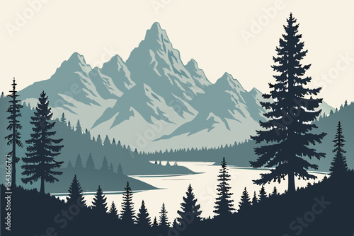 A powerful silhouette of a majestic mountain range, rendered in stark black vector design