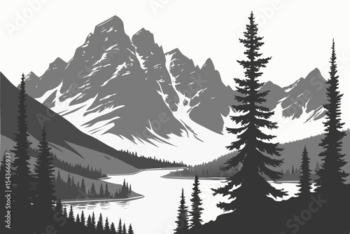 A powerful silhouette of a majestic mountain range, rendered in stark black vector design