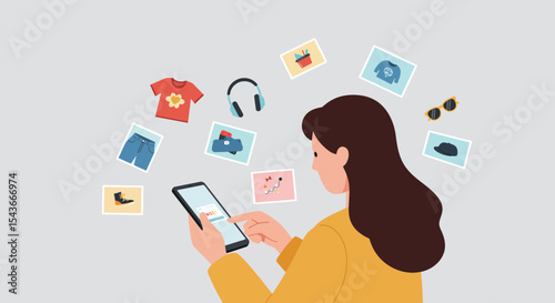 Woman using a mobile device to browse and select various fashion items online.