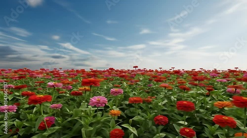 Vibrant Field Of Blooming Flowers Against A Blue Sky During Daylight