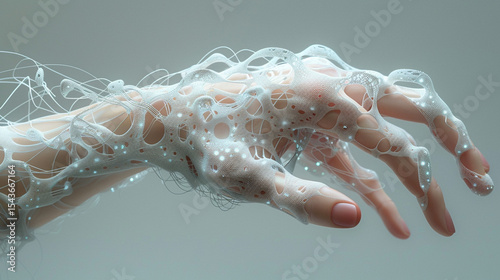 Futuristic, abstract hand with network of interconnected veins, displaying a sense of technology and advanced biology.