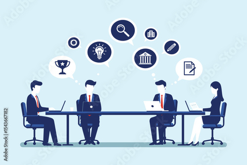 Title: Collaborative Business Meeting and Idea Generation: Professionals Brainstorming Strategies, Research, and Solutions with Floating Icons, Ideal for Innovation Concepts. flat vector illustration