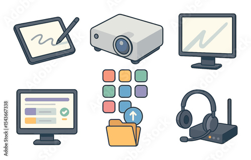 Modern classroom technology icons set – linear, education and digital learning symbols