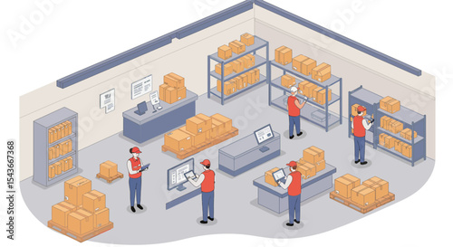 Illustration of workers in a warehouse managing inventory, using computers and tablets to track boxes on shelves and counters.