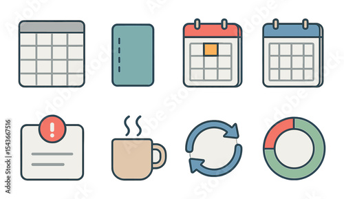 Time management icons set – outline, productivity and scheduling graphics