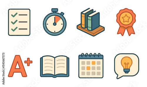 Study motivation icons set – flat, educational and learning inspiration symbols